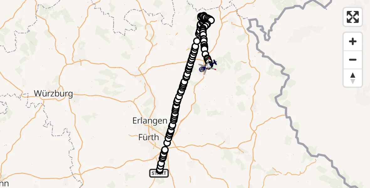 Flugroute Polizeihubschrauber Obersteinbach an der Haide - Bayreuth Flughafen, 25 März 2026, 13:16