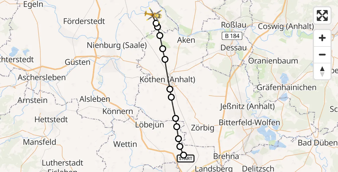 Flugroute Rettungshubschrauber Halle-Oppin Flugplatz - Groß Rosenburg, 25 März 2026, 13:21