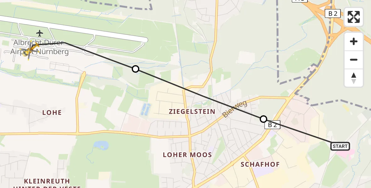 Flugroute Rettungshubschrauber Martha-Maria Nürnberg Hospital - Flughafen Nuremberg, 25 März 2026, 13:24