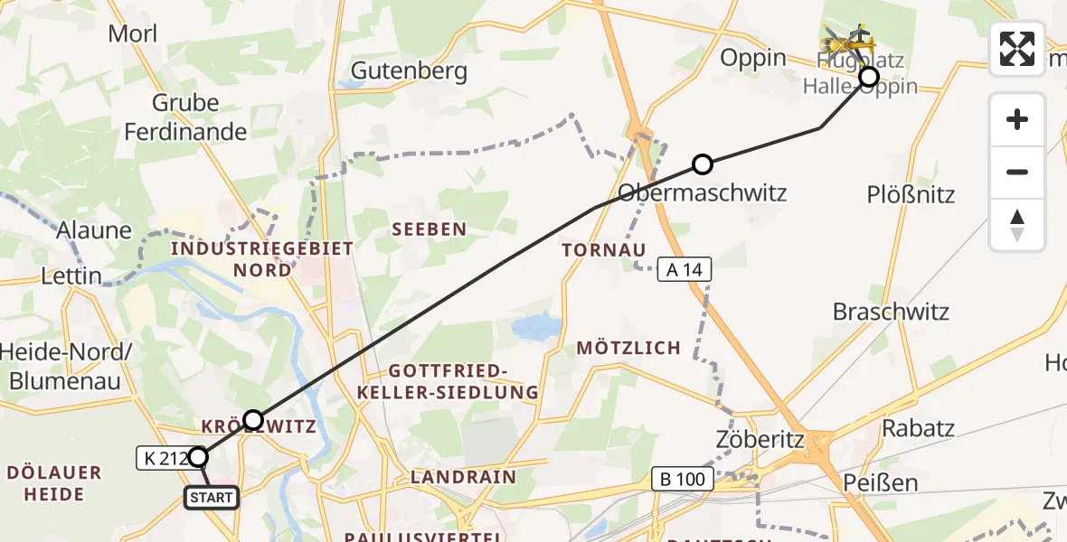 Flugroute Ambulanzhubschrauber Halle (Saale) University Hospital - Halle-Oppin Flugplatz, 25 März 2026, 13:27