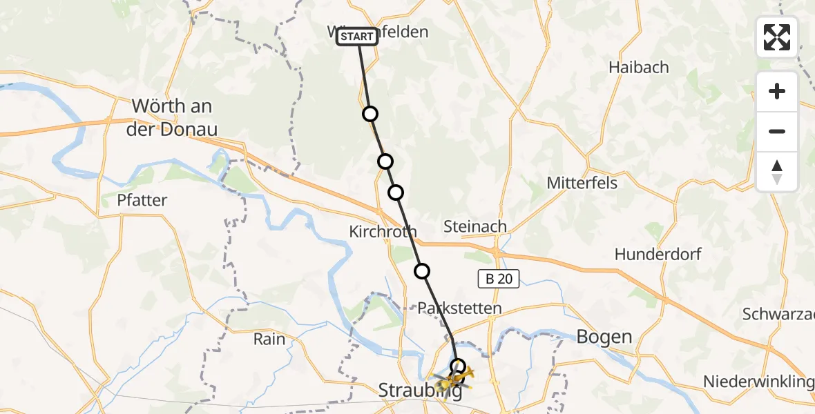Flugroute Rettungshubschrauber Bogenroith - Sankt Elisabeth Hospital Straubing, 25 März 2026, 13:28