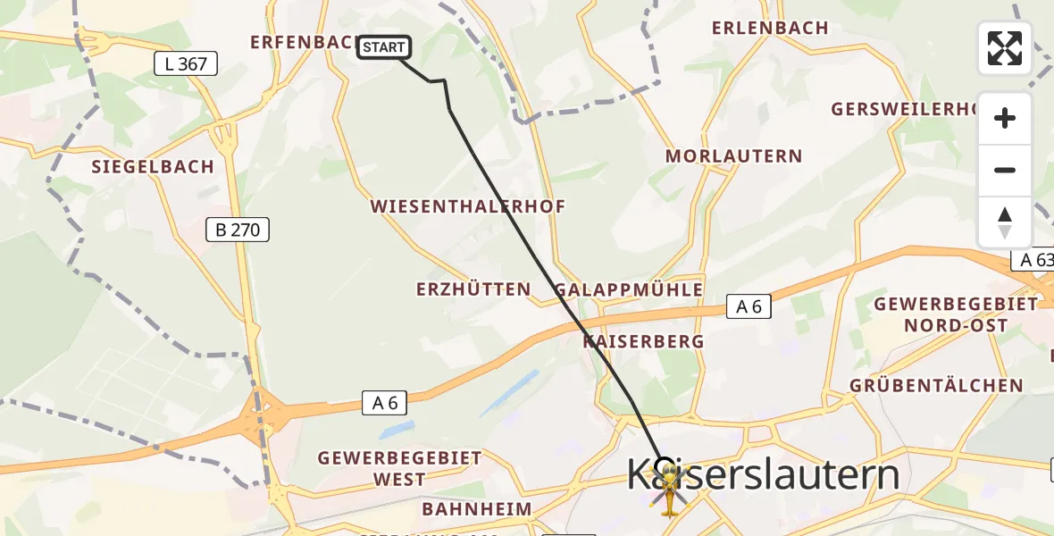 Flugroute Rettungshubschrauber Kaiserslautern - Westpfalz Hospital Kaiserslautern, 25 März 2026, 13:35
