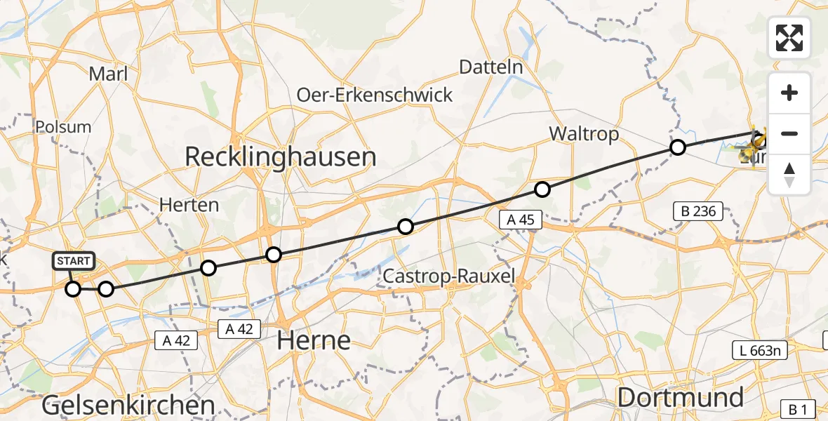 Flugroute Rettungshubschrauber Gelsenkirchen-Nord - Sankt Marien Hospital, 25 März 2026, 13:47