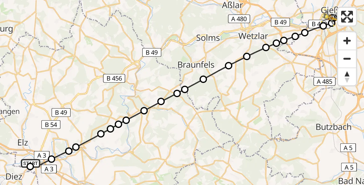 Flugroute Rettungshubschrauber Saint Vincent Hospital Limburg - Gießen University Hospital, 25 März 2026, 13:49