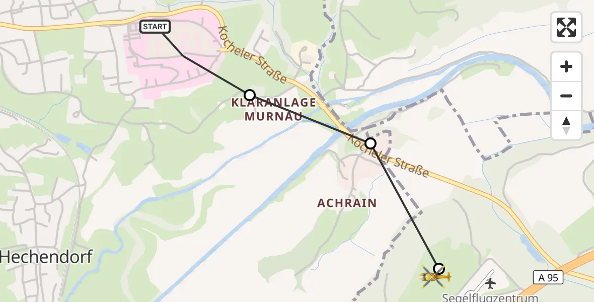 Flugroute Rettungshubschrauber Murnau Accident Hospital - Ohlstadt Flugplatz, 25 März 2026, 13:48