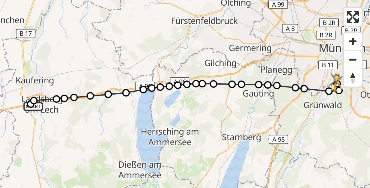 Flugroute Rettungshubschrauber Landsberg am Lech Hospital - ADAC Air Rescue Center Hubschrauberlandeplatz (Christoph 1), 25 März 2026, 13:49
