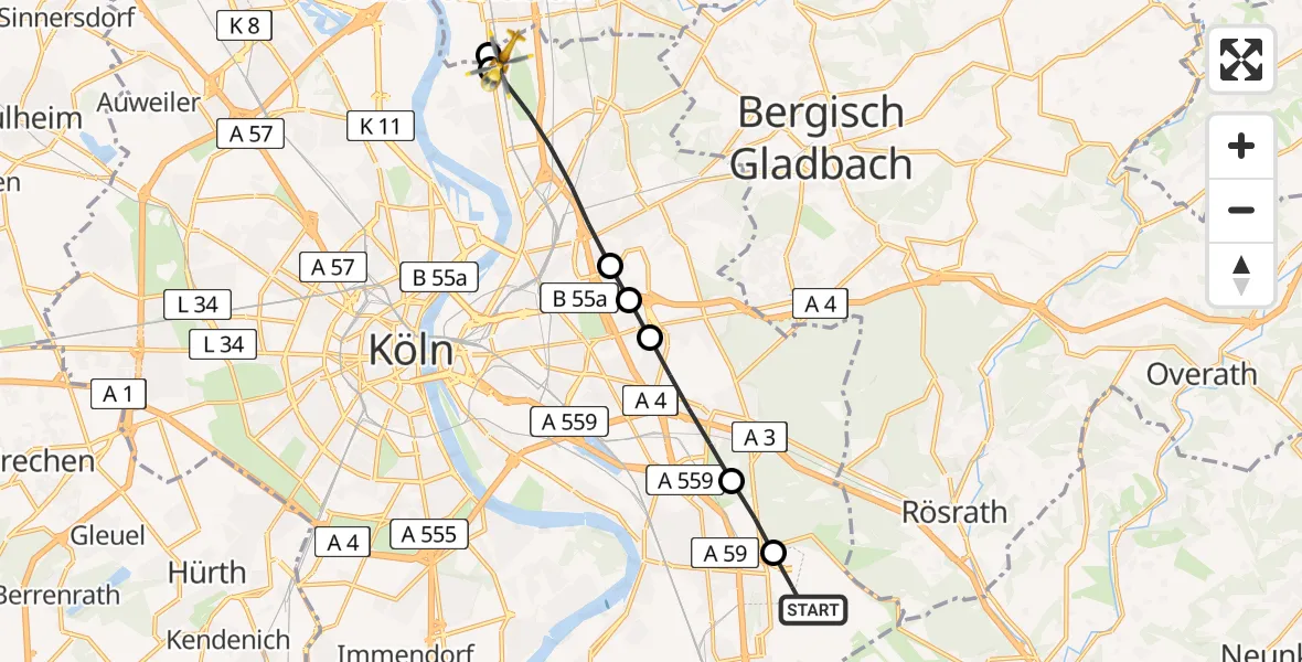 Flugroute Rettungshubschrauber Köln Bonn Flughafen - Mülheim, 25 März 2026, 13:57