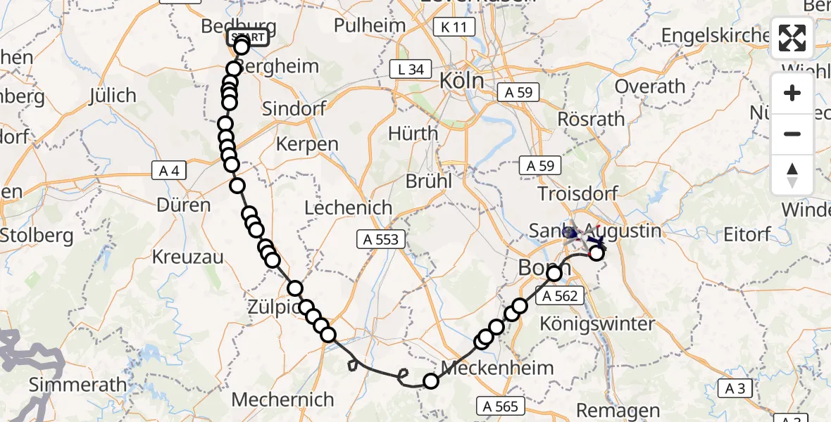 Flugroute Polizeihubschrauber Glesch - Bonn-Hangelar Flugplatz, 25 März 2026, 14:07