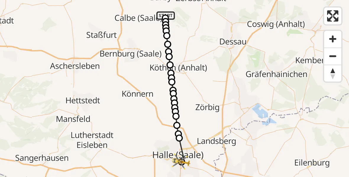 Flugroute Rettungshubschrauber Groß Rosenburg - BG Hospital Bergmannstrost Halle, 25 März 2026, 14:14