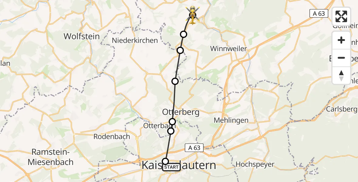 Flugroute Rettungshubschrauber Westpfalz Hospital Kaiserslautern - Imsweiler UL, 25 März 2026, 14:17