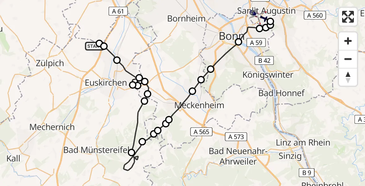 Flugroute Polizeihubschrauber Mülheim - Sankt Augustin, 25 März 2026, 14:18