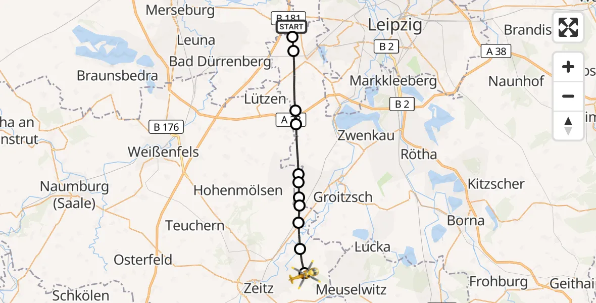 Flugroute Rettungshubschrauber Günthersdorf - Rehmsdorf, 25 März 2026, 14:21