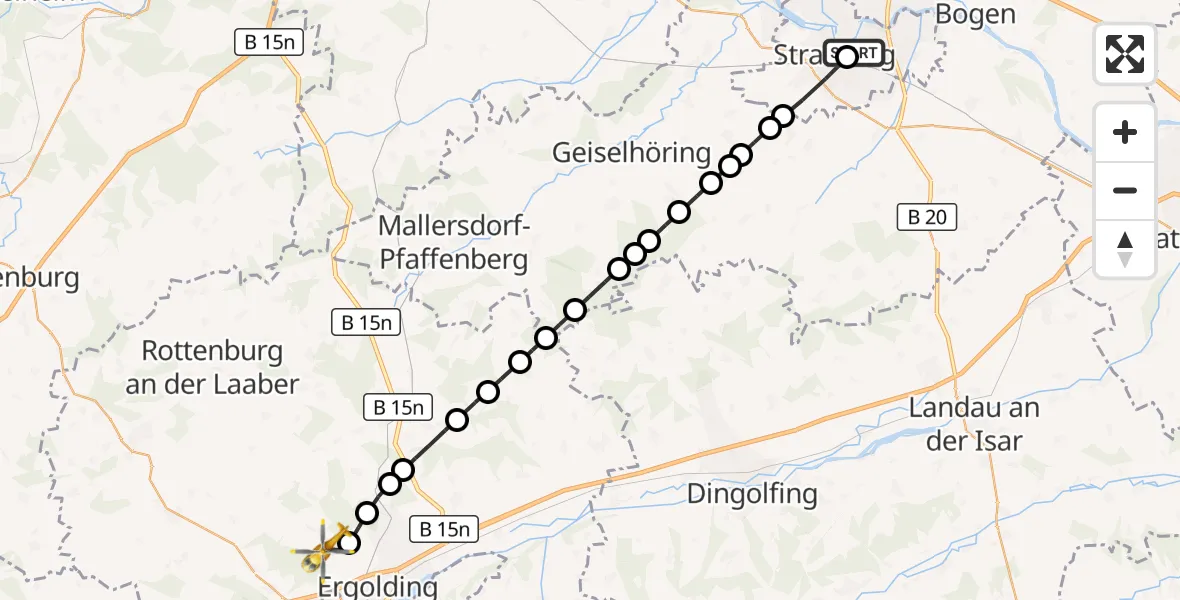 Flugroute Rettungshubschrauber Sankt Elisabeth Hospital Straubing - Ergolding, 25 März 2026, 14:28