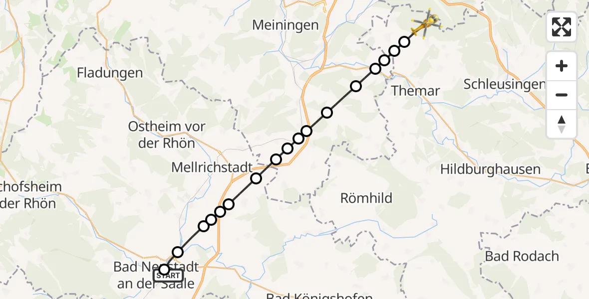 Flugroute Rettungshubschrauber Bad Neustadt an der Saale Hospital - Oberstadt, 25 März 2026, 14:39