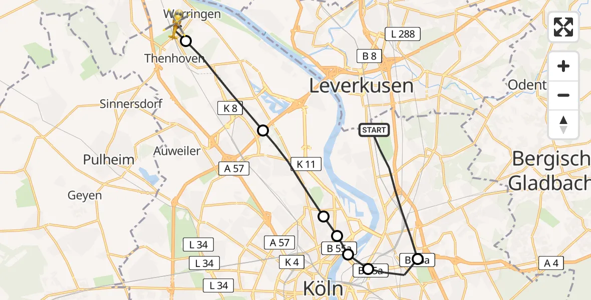 Flugroute Rettungshubschrauber Mülheim - Worringen, 25 März 2026, 14:49