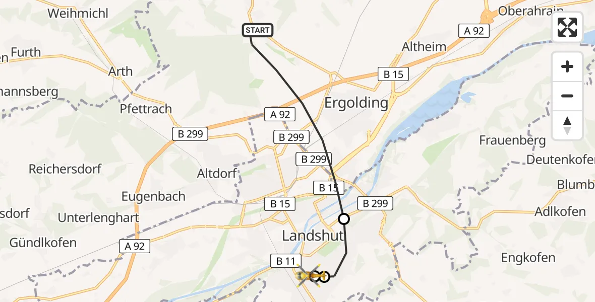 Routekaart van de vlucht: Rettungshubschrauber nach Lakumed Hospital Landshut-Achdorf