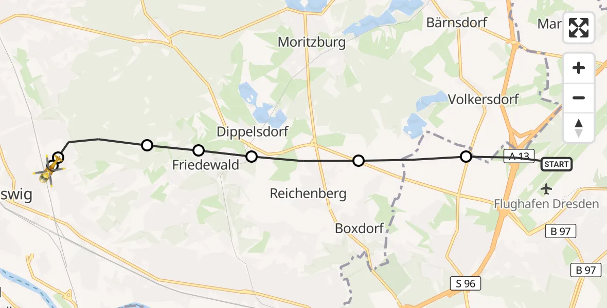 Flugroute Rettungshubschrauber Dresden Flughafen - Coswig Specialty Hospital, 25 März 2026, 14:56