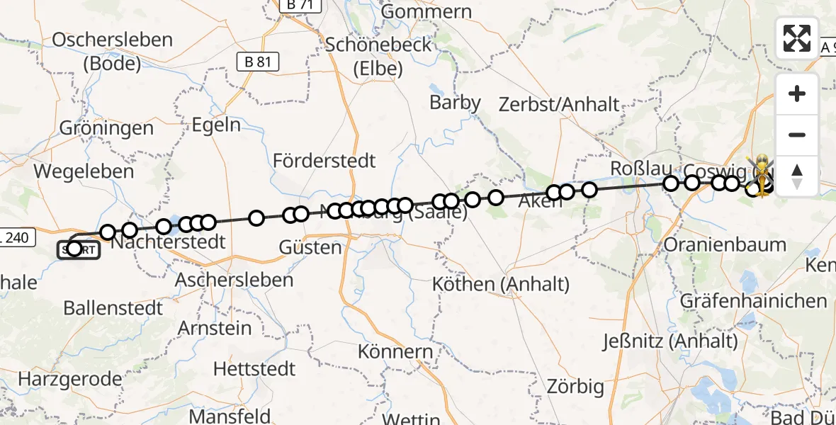 Flugroute Ambulanzhubschrauber Harz Hospital Quedlinburg - MediClin Heart Center Coswig Hubschrauberlandeplatz, 25 März 2026, 14:58