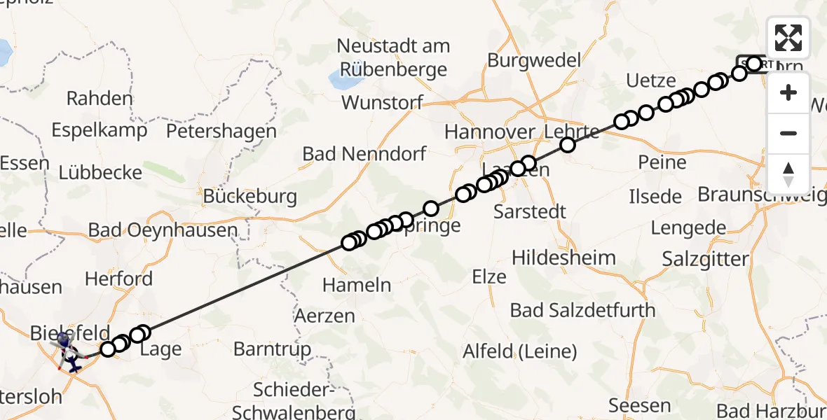 Flugroute Polizeihubschrauber Gifhorn Bundespolizei Hubschrauberlandeplatz - Luftrettungszentrum Bielefeld, 25 März 2026, 15:02