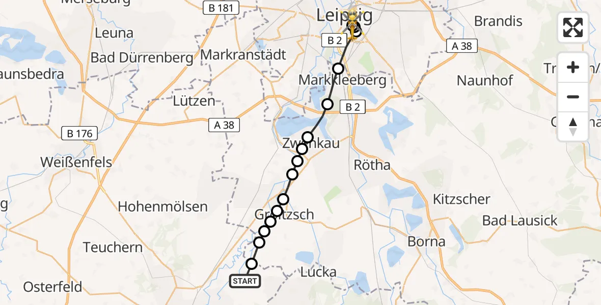 Flugroute Rettungshubschrauber Wadewitz - Leipzig University Hospital Heliport 1, 25 März 2026, 15:05