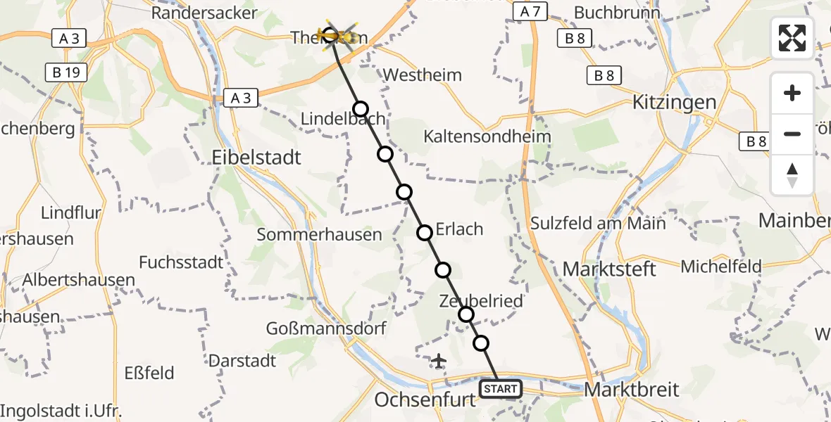 Flugroute Rettungshubschrauber Frickenhausen am Main - Theilheim, 25 März 2026, 15:08