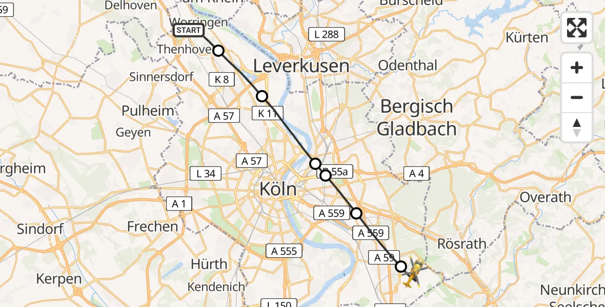 Flugroute Rettungshubschrauber Worringen - Köln Bonn Flughafen, 25 März 2026, 15:25