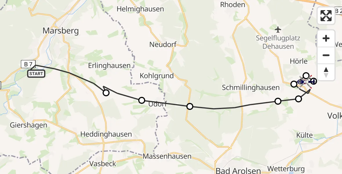 Routekaart van de vlucht: Polizeihubschrauber nach Volkmarsen, L 3081