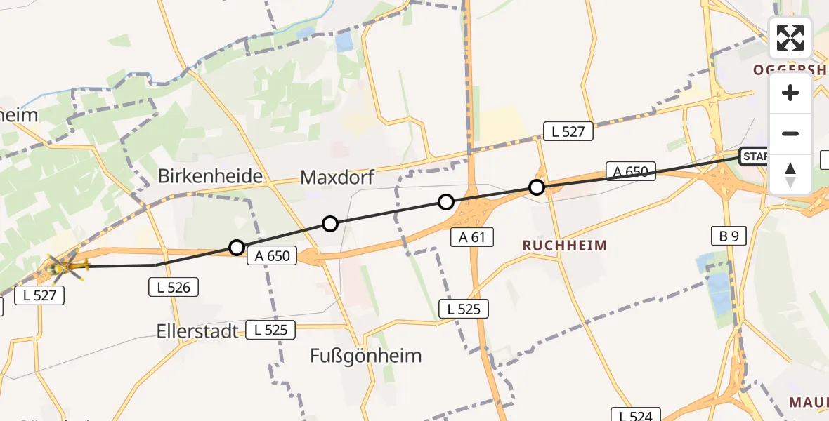 Flugroute Rettungshubschrauber Ludwigshafen am Rhein - Ellerstadt, 25 März 2026, 15:33