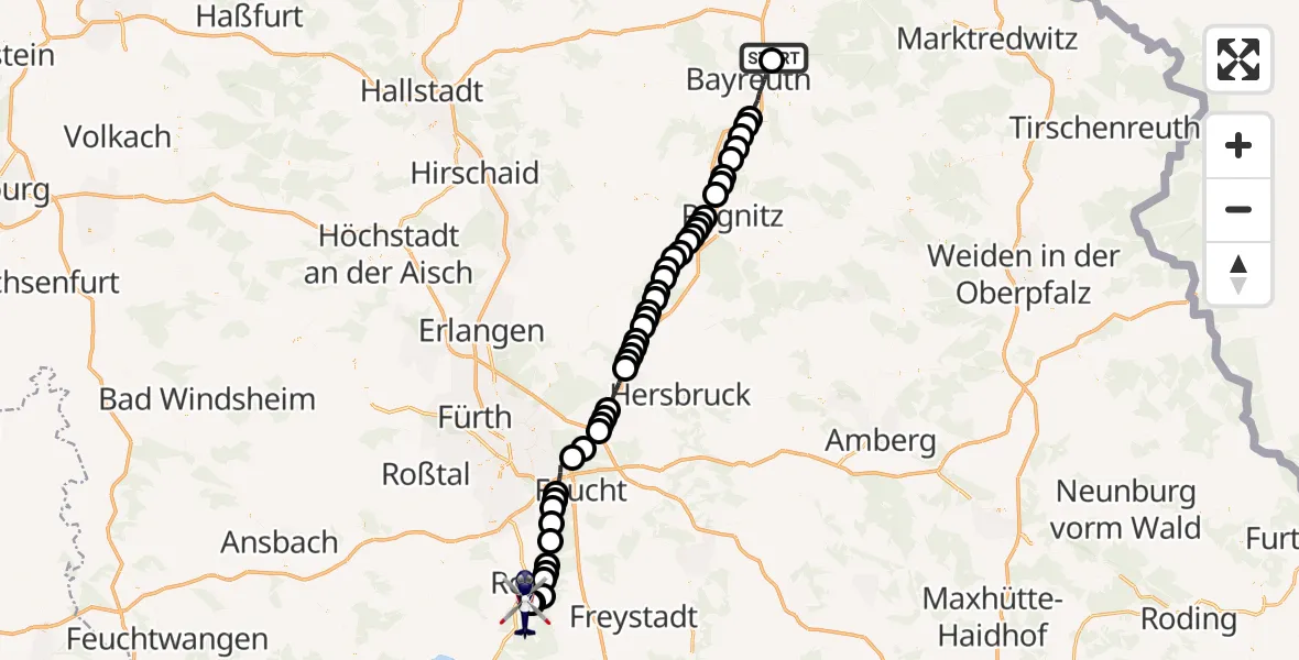 Flugroute Polizeihubschrauber Bayreuth Flughafen - Flugplatz Roth, 25 März 2026, 15:52