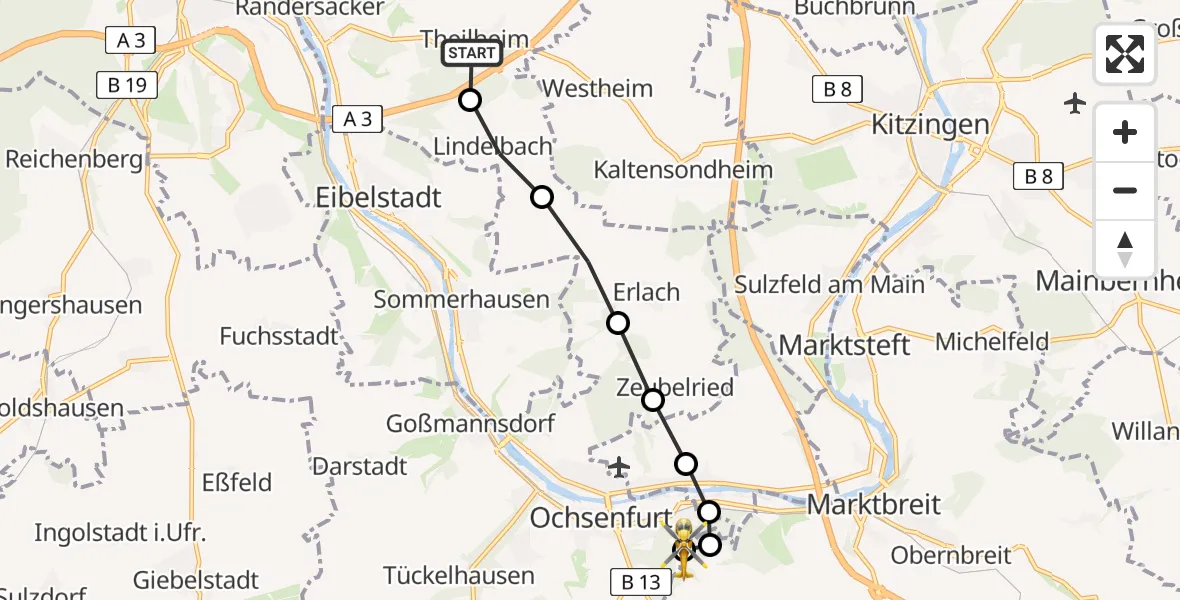 Routekaart van de vlucht: Rettungshubschrauber nach Ochsenfurt Hospital