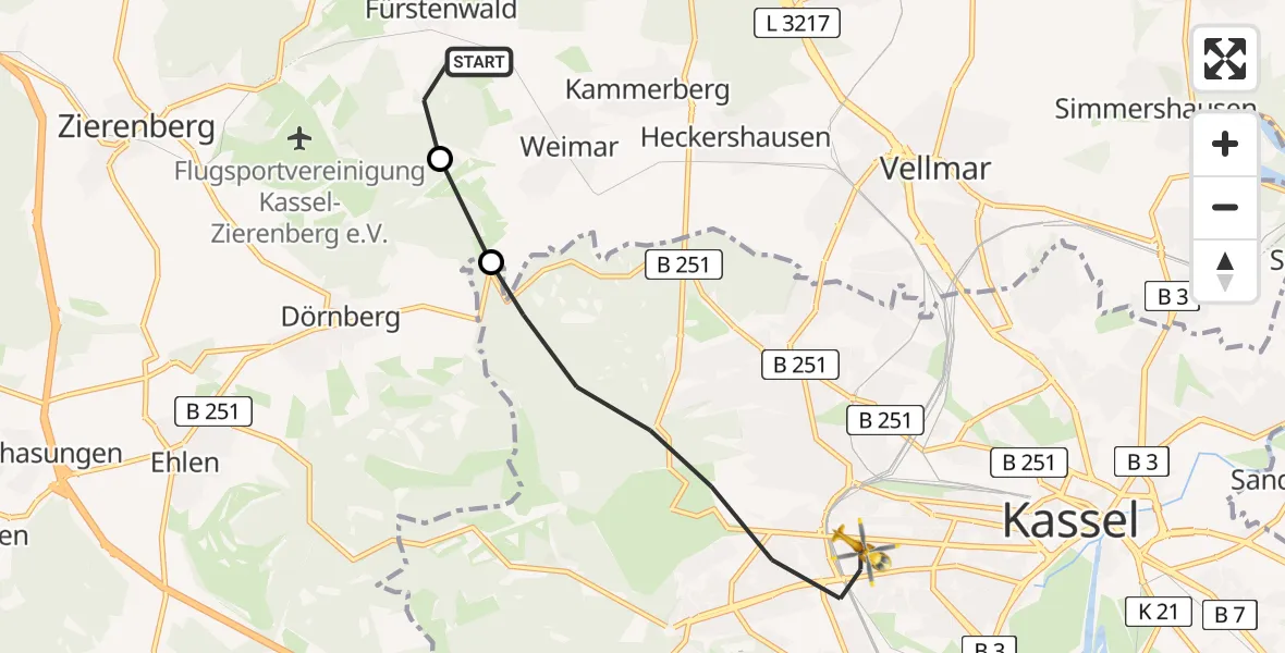 Flugroute Rettungshubschrauber Fürstenwald - Kassel, 25 März 2026, 16:10