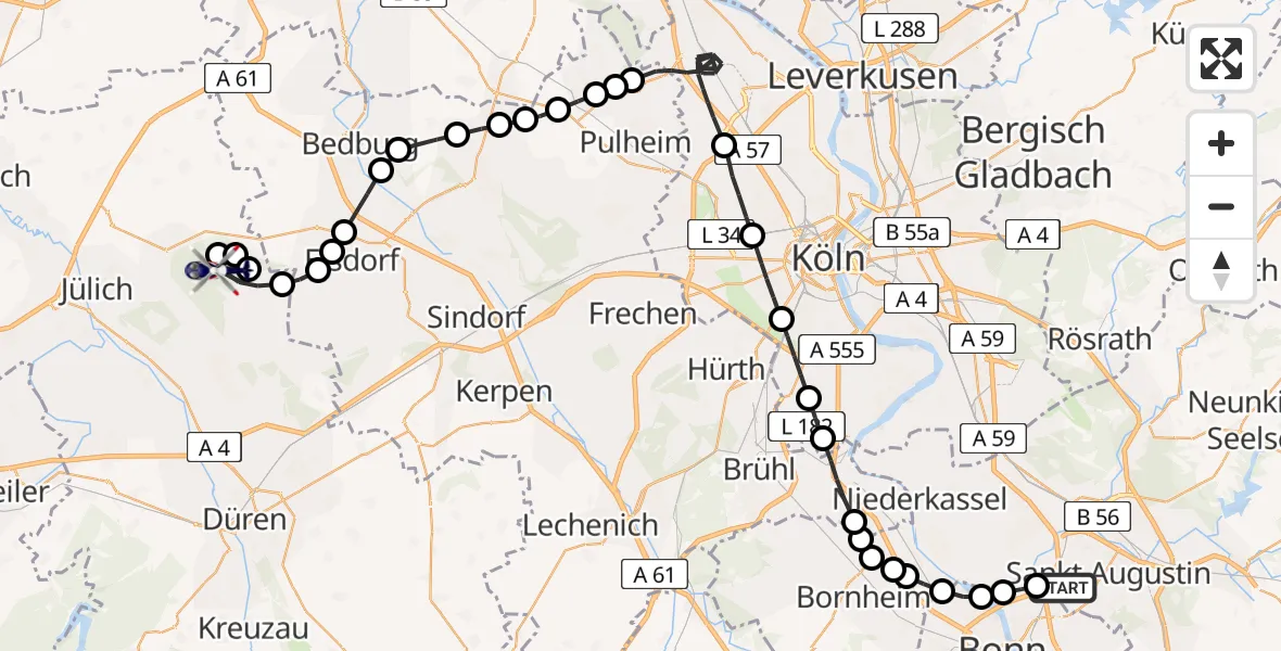 Routekaart van de vlucht: Polizeihubschrauber nach Niederzier, Steinkompassweg