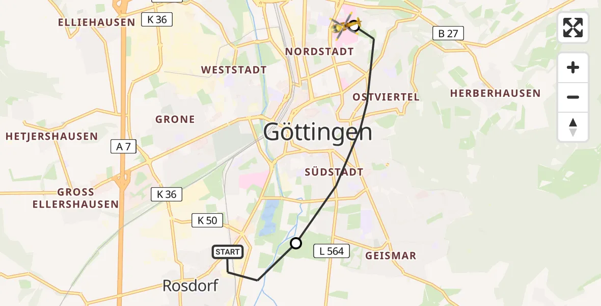 Routekaart van de vlucht: Rettungshubschrauber nach Göttingen University Clinic Hubschrauberlandeplatz