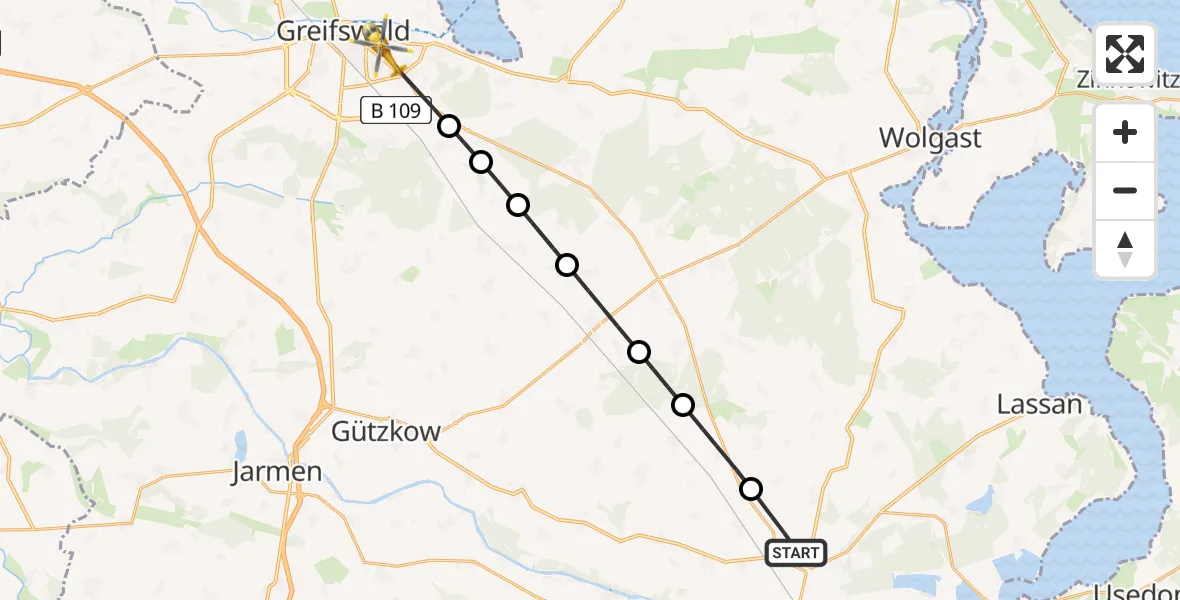 Routekaart van de vlucht: Rettungshubschrauber nach Greifswald Hospital