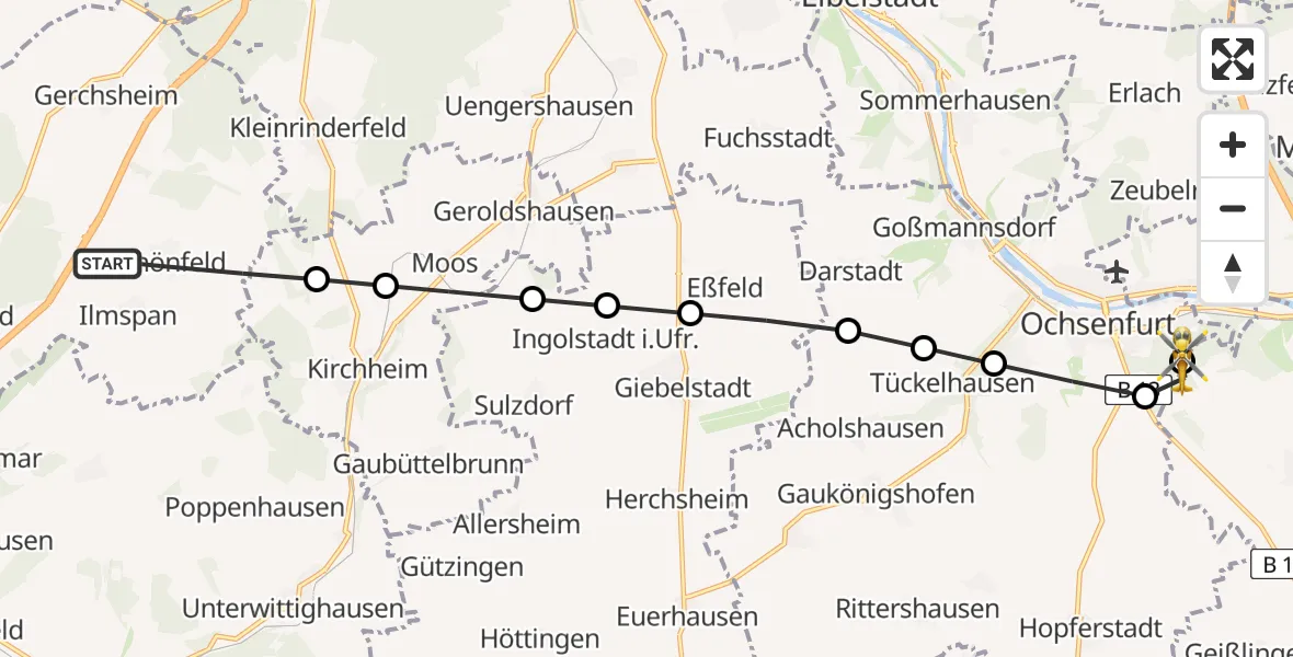 Routekaart van de vlucht: Rettungshubschrauber nach Ochsenfurt Hospital Hubschrauberlandeplatz