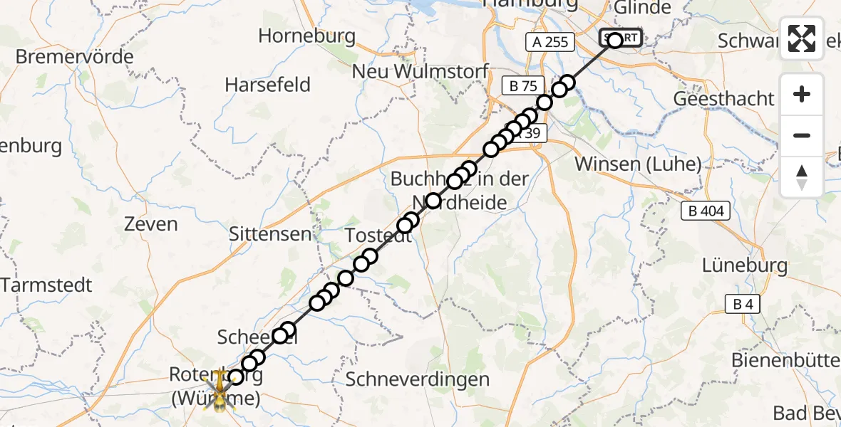 Flugroute Ambulanzhubschrauber Christoph Hansa ADAC Hubschrauberlandeplatz - Rotenburg, 25 März 2026, 16:31