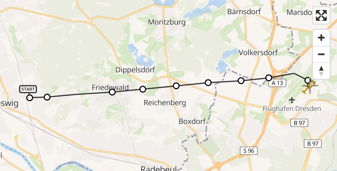 Flugroute Rettungshubschrauber Coswig Specialty Hospital - Dresden Bundespolizei Hubschrauberlandeplatz, 25 März 2026, 16:36