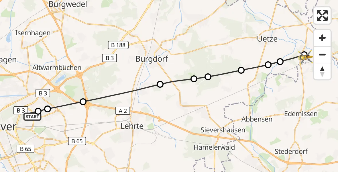 Flugroute Rettungshubschrauber Hannover Luftrettung Hubschrauberlandeplatz (Christoph 4) - Eltze, 25 März 2026, 16:40