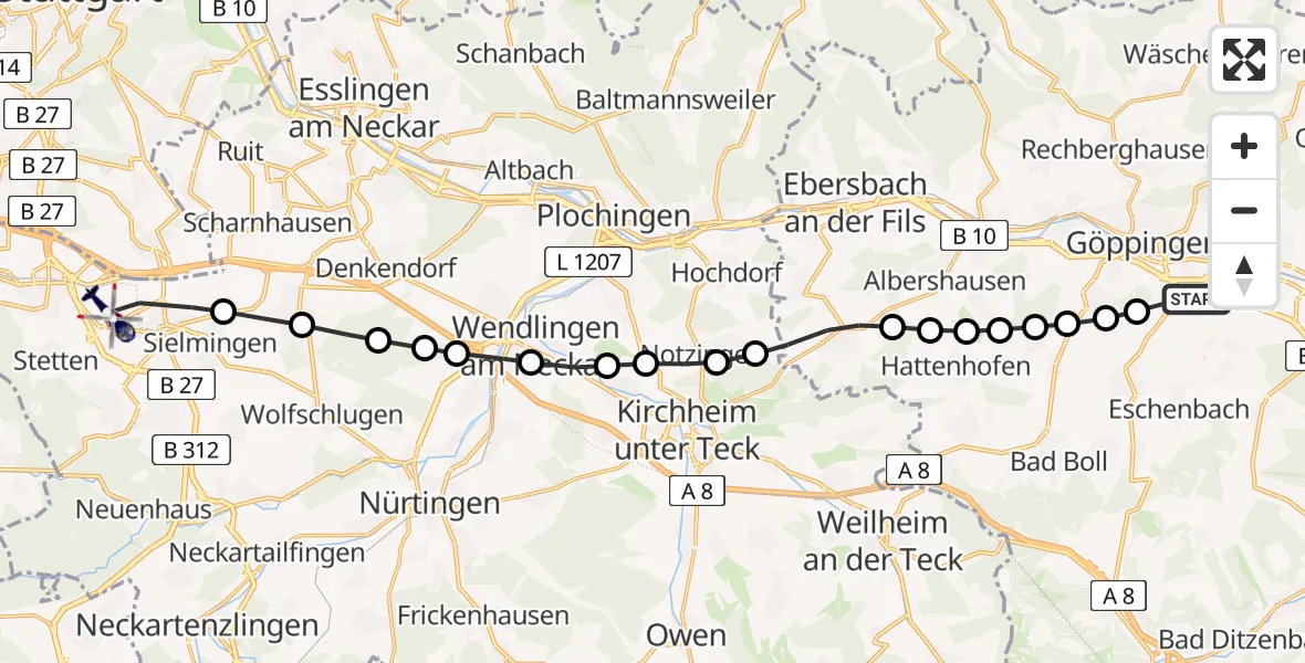 Flugroute Polizeihubschrauber Göppingen (Kernstadt) - Flughafen Stuttgart, 25 März 2026, 16:43