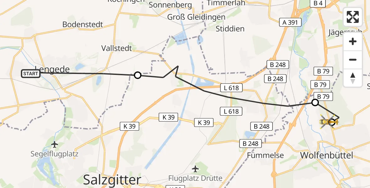 Flugroute Rettungshubschrauber Lengede - Wolfenbüttel Municipal Hospital Heliport (Christoph 30), 25 März 2026, 16:51