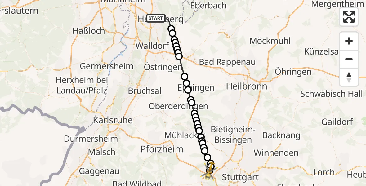 Flugroute Rettungshubschrauber Heidelberg - Leonberg Hospital Hubschrauberlandeplatz, 25 März 2026, 17:11