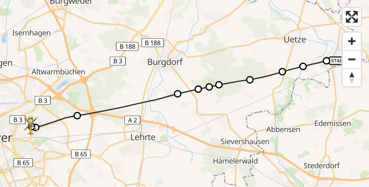 Flugroute Rettungshubschrauber Eltze - Hannover Luftrettung Hubschrauberlandeplatz (Christoph 4), 25 März 2026, 17:16