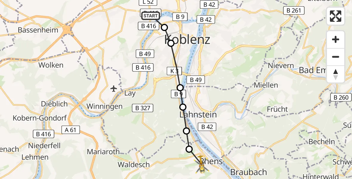 Flugroute Rettungshubschrauber Koblenz - Rhens, 25 März 2026, 17:16