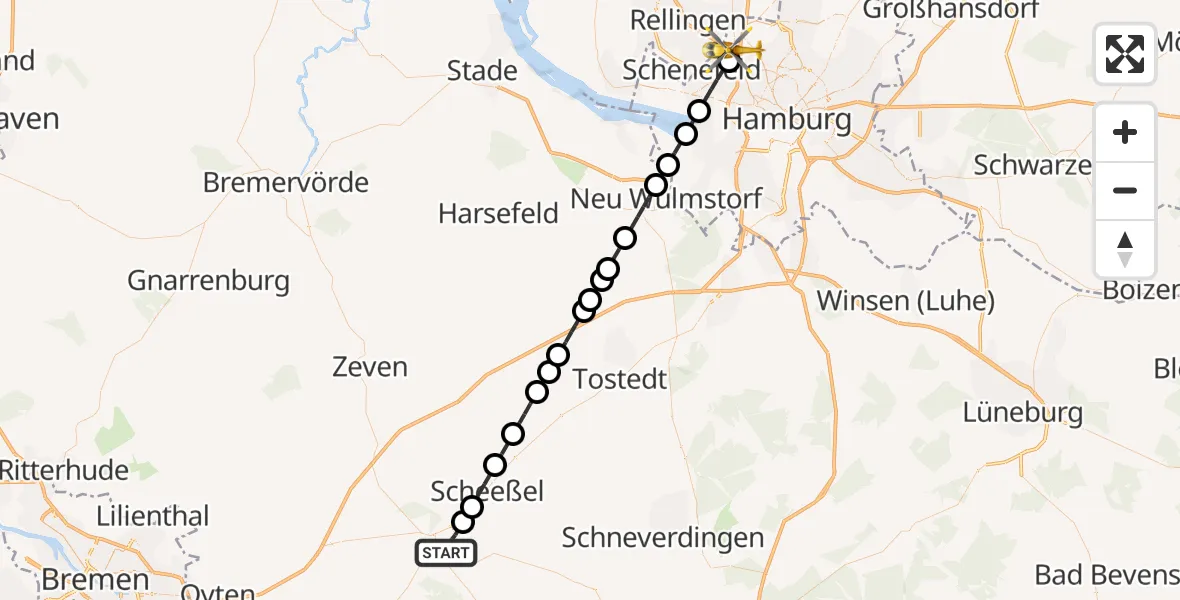 Flugroute Ambulanzhubschrauber Rotenburg - Hamburg, 25 März 2026, 17:19