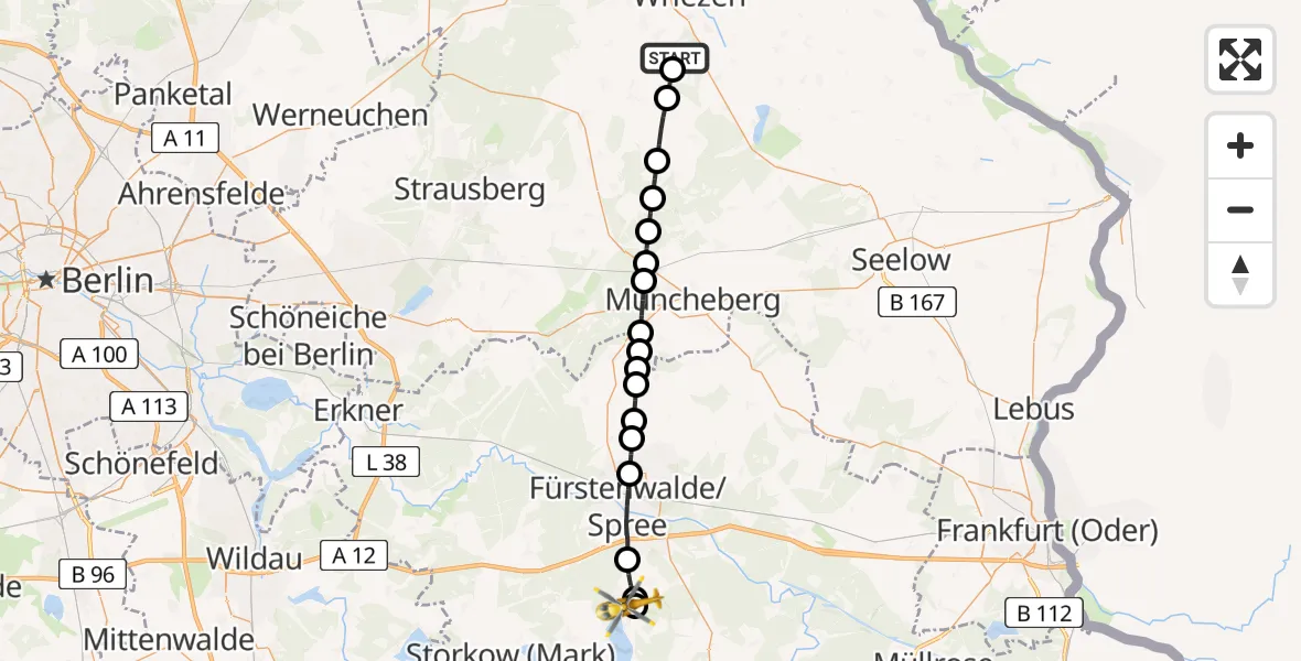 Flugroute Rettungshubschrauber Bliesdorf - Bad Saarow, 25 März 2026, 17:39