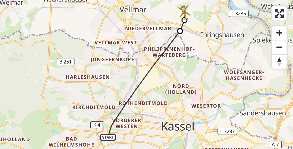 Flugroute Rettungshubschrauber Kassel - Fuldatal Bundespolizei Hubschrauberlandeplatz, 25 März 2026, 17:45