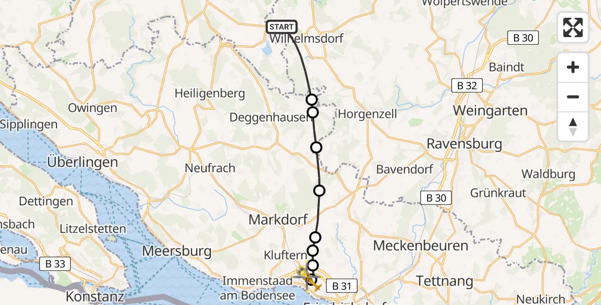 Flugroute Rettungshubschrauber Wilhelmsdorf - Friedrichshafen Hospital, 25 März 2026, 17:45