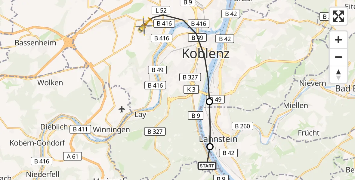 Flugroute Rettungshubschrauber Stolzenfels - Koblenz, 25 März 2026, 17:55