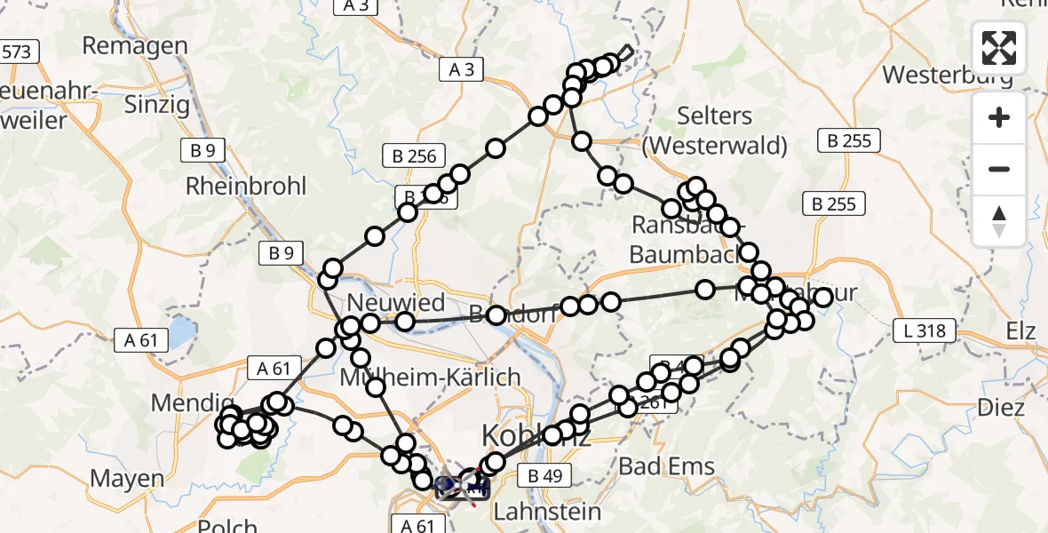 Flugroute Polizeihubschrauber Koblenz-Winningen Flugplatz - Koblenz-Winningen Flugplatz, 25 März 2026, 18:14