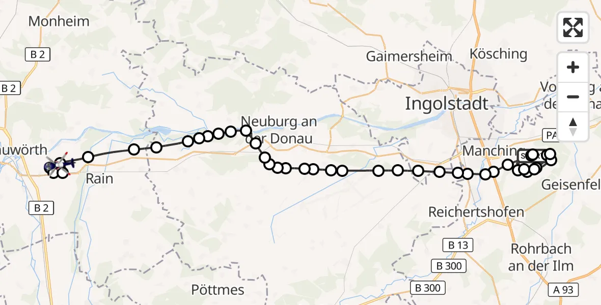 Flugroute Polizeihubschrauber Ingolstadt Manching Flughafen - Donauwörth-Genderkingen Flugplatz, 25 März 2026, 19:40
